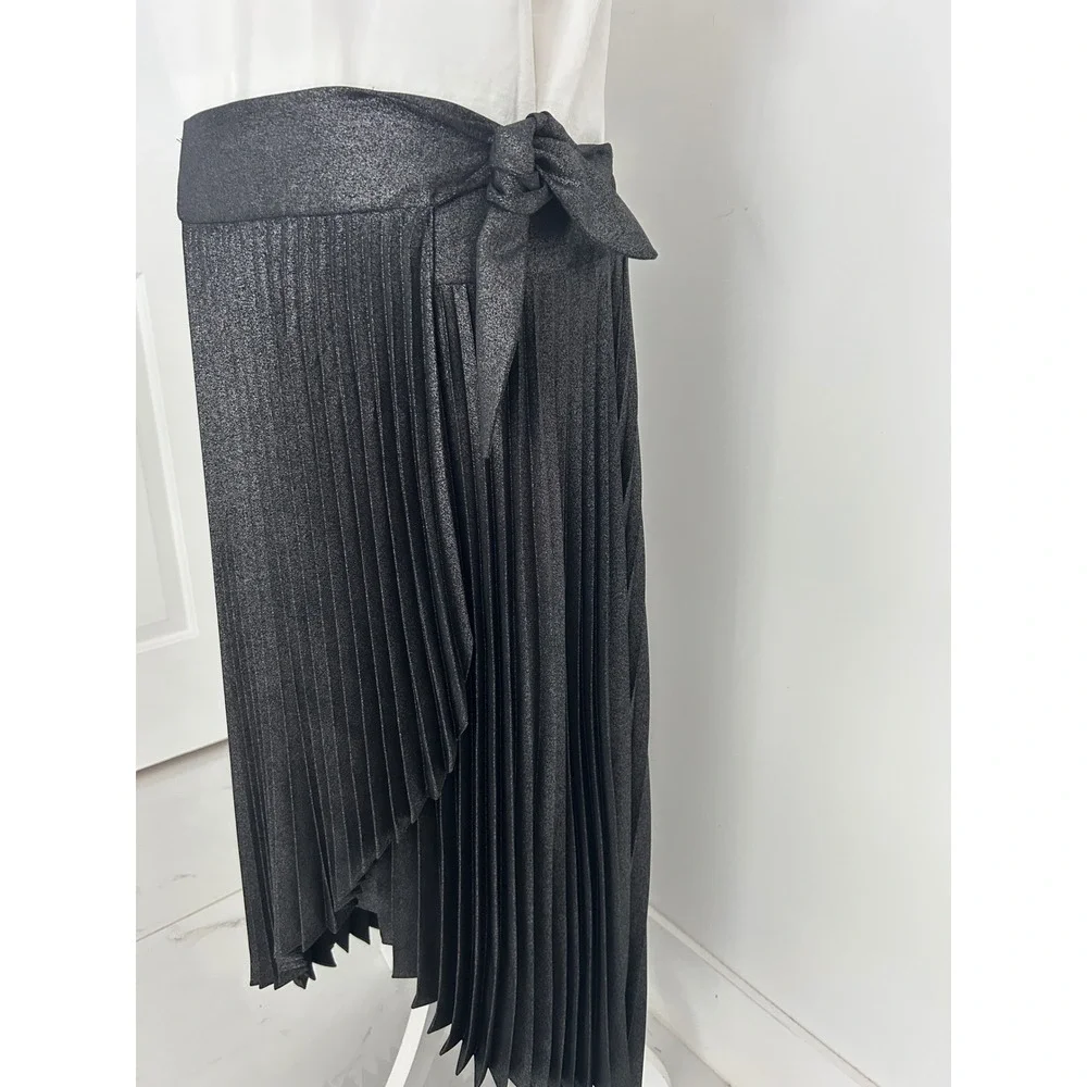 White House Black Market Metallic Pleated Wrap Midi Skirt Grey Shimmer Size 8